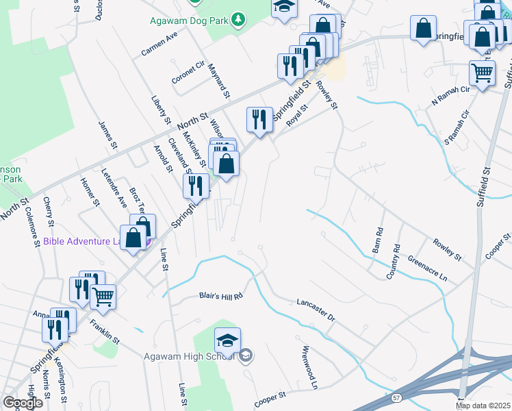 map of restaurants, bars, coffee shops, grocery stores, and more near 61 Royal Ln in Agawam