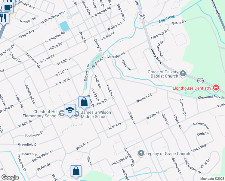map of restaurants, bars, coffee shops, grocery stores, and more near 5455 Heidt Ave in Erie