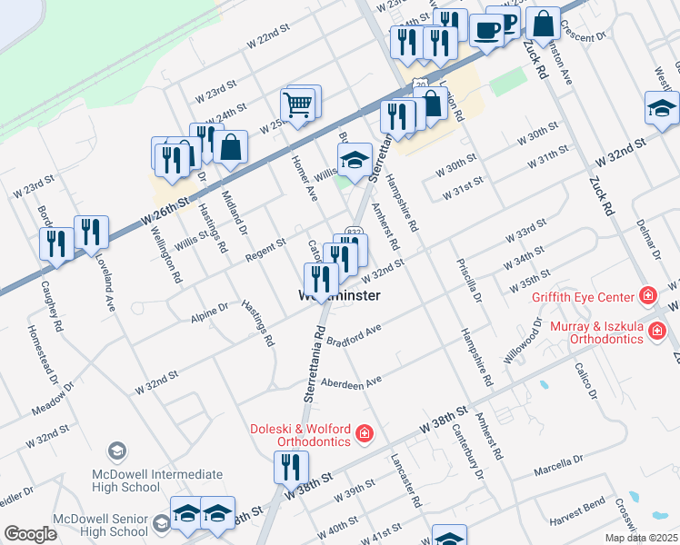 map of restaurants, bars, coffee shops, grocery stores, and more near in Westminster