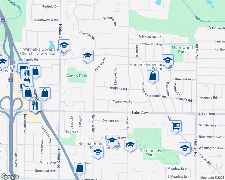 map of restaurants, bars, coffee shops, grocery stores, and more near 2740 Blackhawk Road in Wilmette