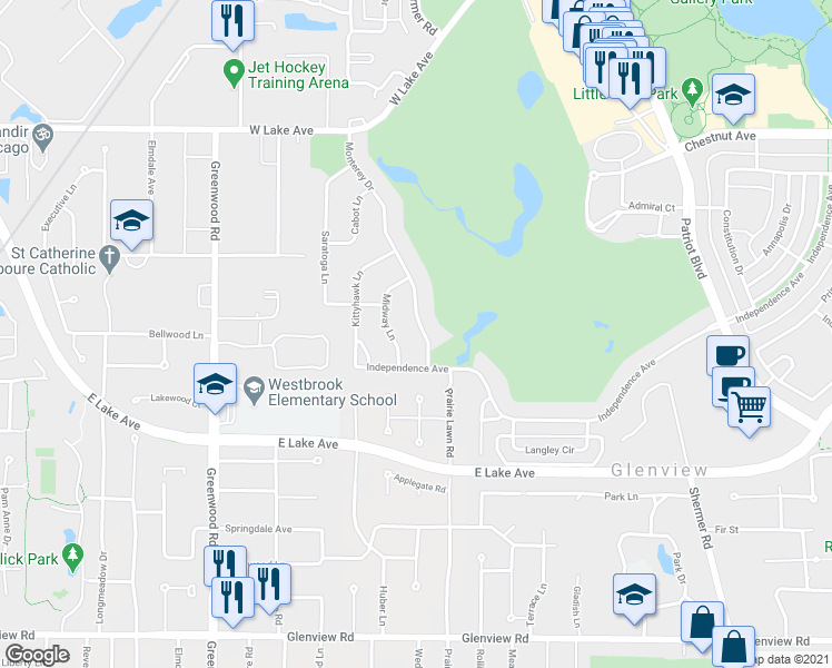 map of restaurants, bars, coffee shops, grocery stores, and more near 1430 Monterey Drive in Glenview