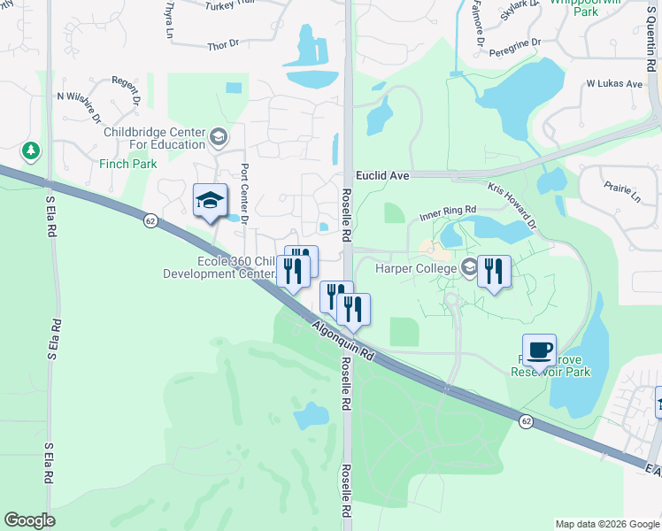 map of restaurants, bars, coffee shops, grocery stores, and more near 1750 South Roselle Road in Palatine