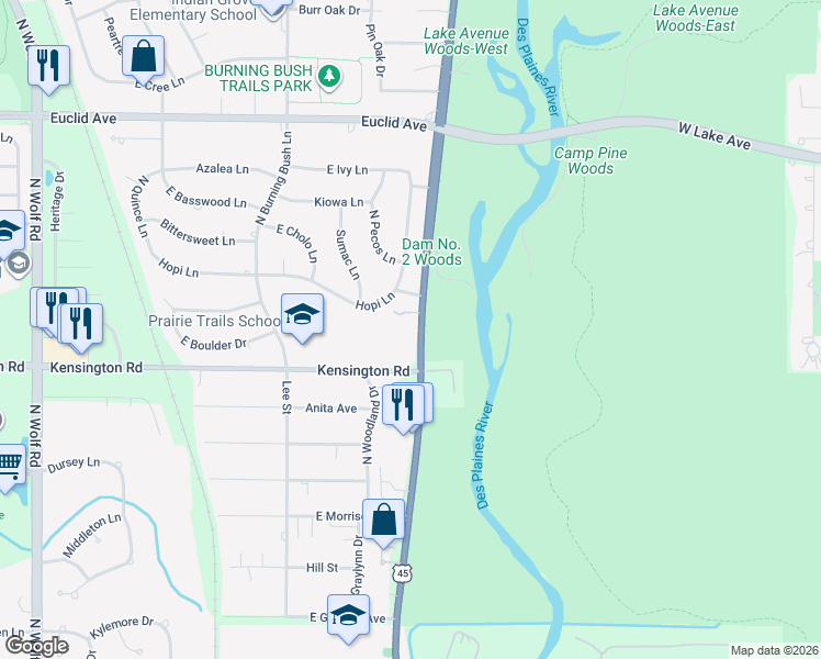 map of restaurants, bars, coffee shops, grocery stores, and more near 814 North River Road in Mount Prospect