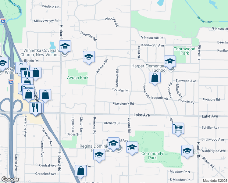 map of restaurants, bars, coffee shops, grocery stores, and more near 2740 Blackhawk Road in Wilmette