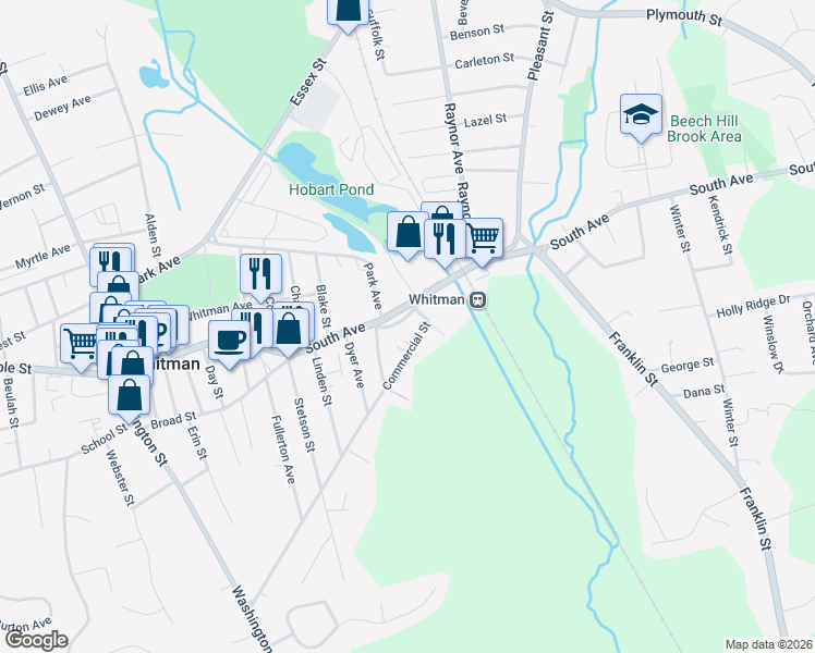 map of restaurants, bars, coffee shops, grocery stores, and more near 325 Commercial Street in Whitman