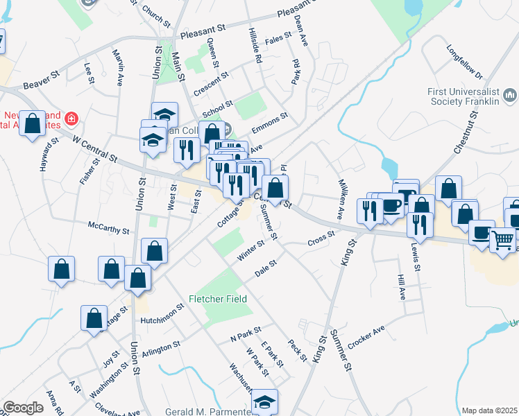 map of restaurants, bars, coffee shops, grocery stores, and more near 31 Summer Street in Franklin