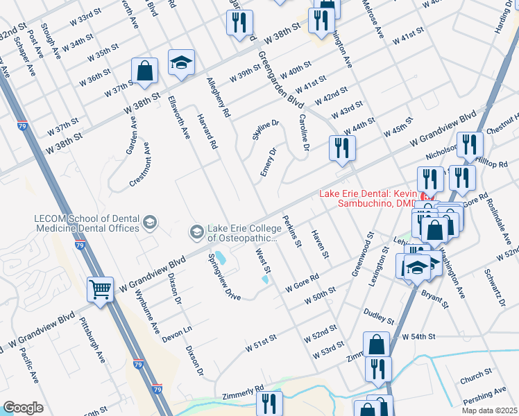 map of restaurants, bars, coffee shops, grocery stores, and more near 4516 Allegheny Road in Erie