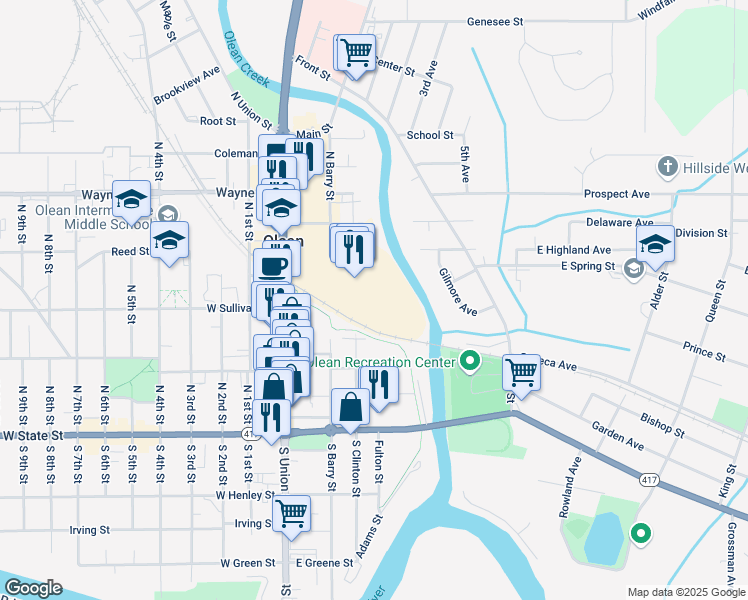 map of restaurants, bars, coffee shops, grocery stores, and more near in Olean