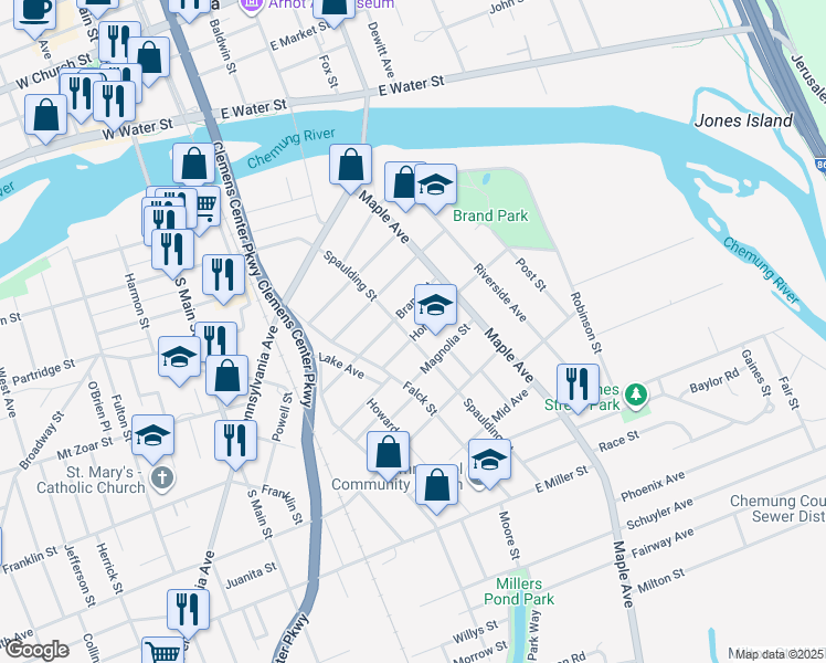 map of restaurants, bars, coffee shops, grocery stores, and more near 311 Horner Street in Elmira