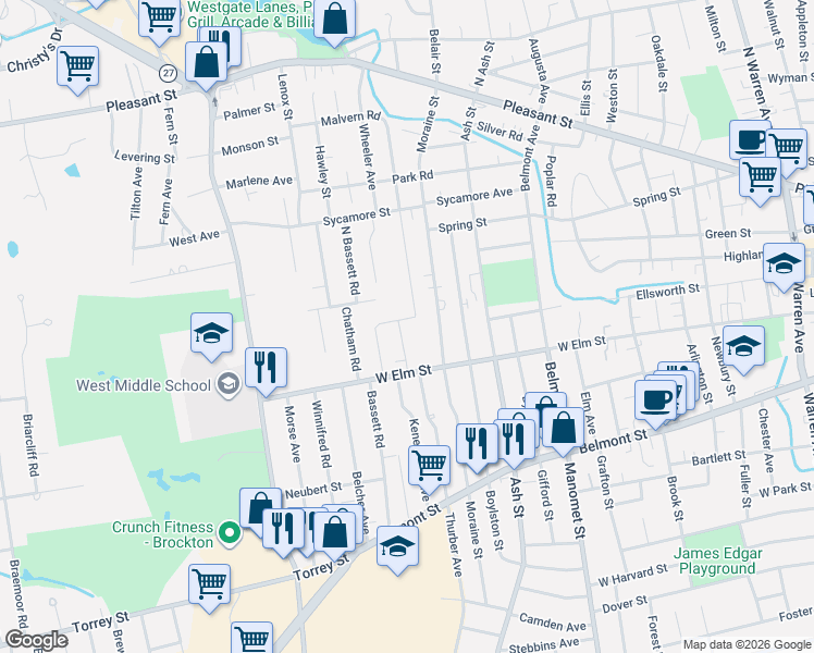 map of restaurants, bars, coffee shops, grocery stores, and more near 57 Maxim Street in Brockton