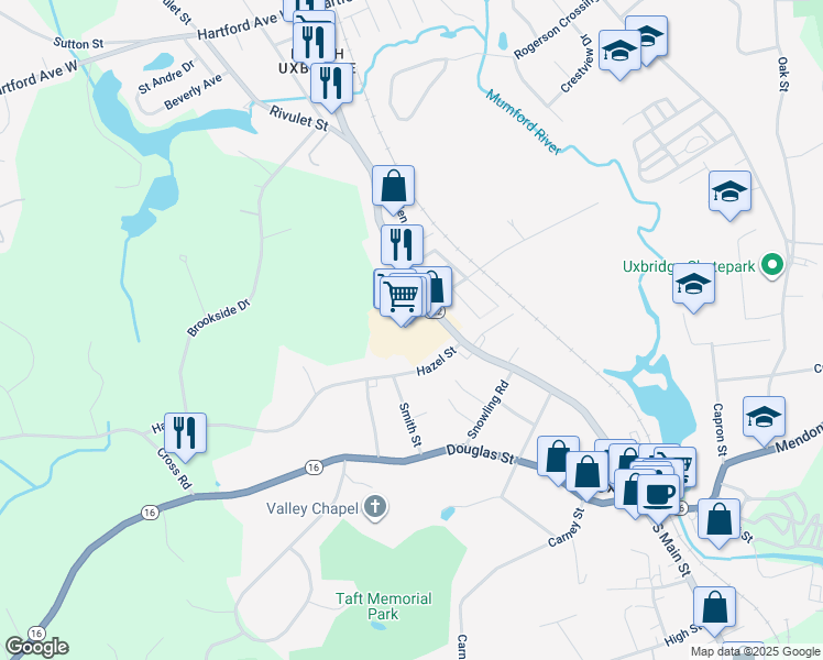 map of restaurants, bars, coffee shops, grocery stores, and more near 158 North Main Street in Uxbridge