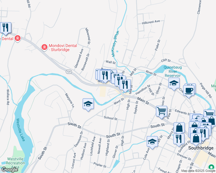 map of restaurants, bars, coffee shops, grocery stores, and more near 915 Main Street in Southbridge
