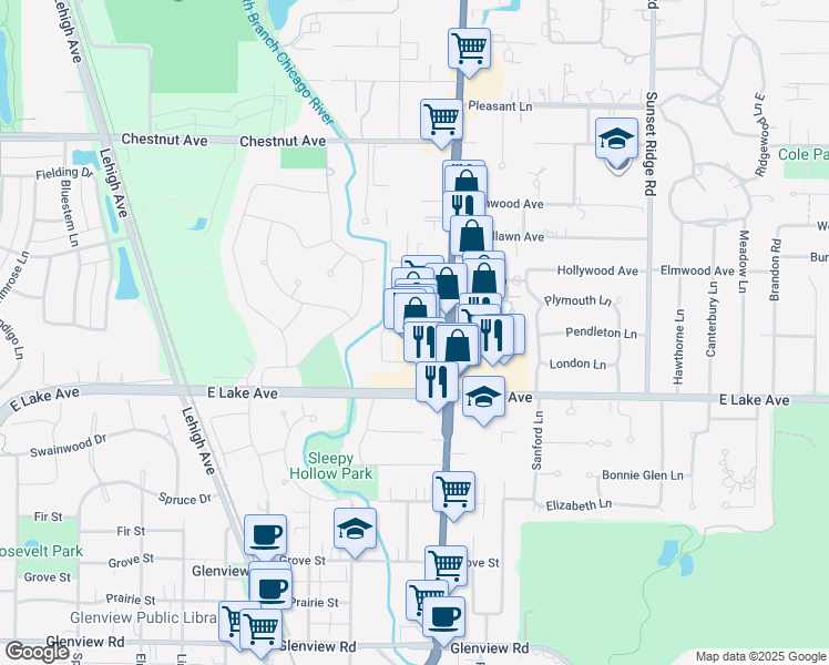 map of restaurants, bars, coffee shops, grocery stores, and more near 1478 Pebblecreek Drive in Glenview