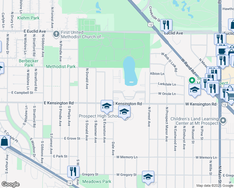 map of restaurants, bars, coffee shops, grocery stores, and more near 11 North Regency Drive West in Arlington Heights