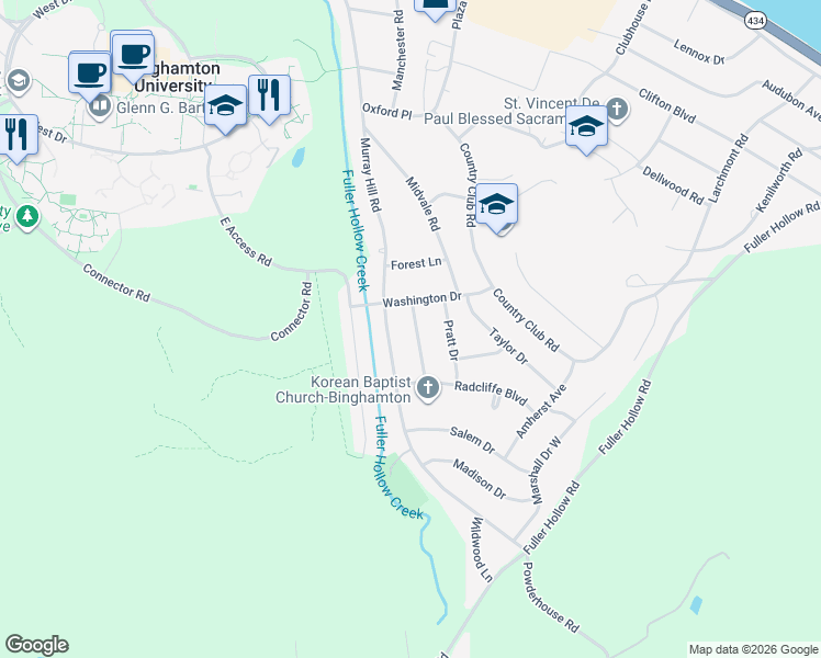 map of restaurants, bars, coffee shops, grocery stores, and more near 4600 Washington Drive in Vestal