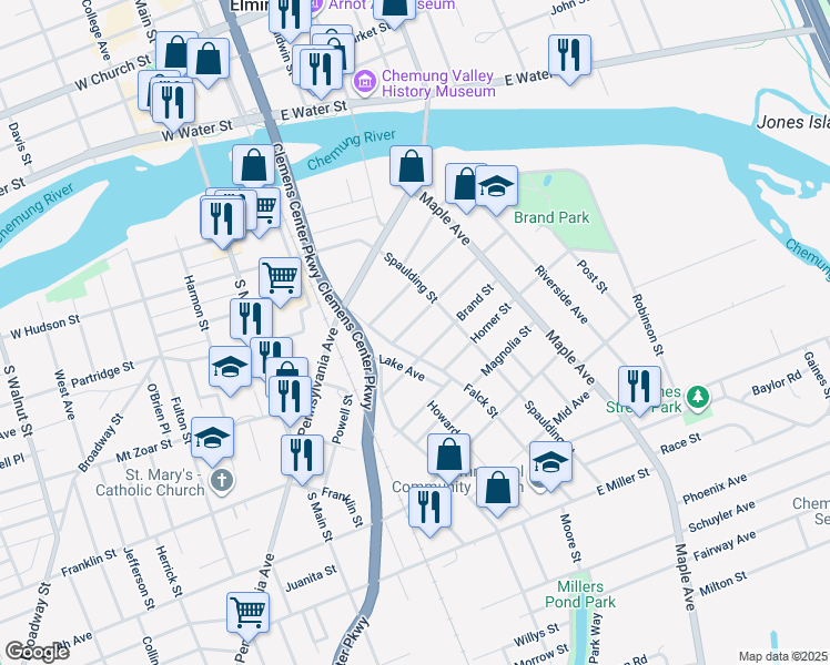 map of restaurants, bars, coffee shops, grocery stores, and more near 256 Caldwell Avenue in Elmira
