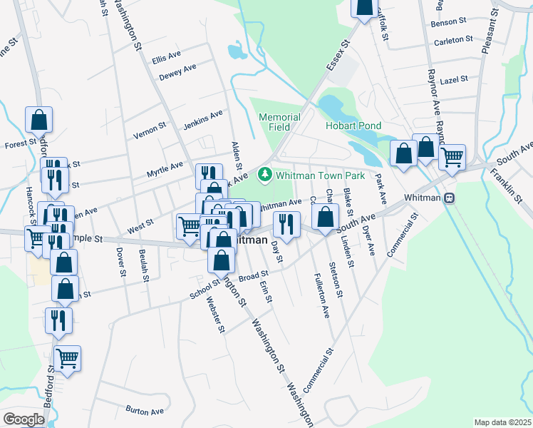 map of restaurants, bars, coffee shops, grocery stores, and more near 54 Whitman Avenue in Whitman