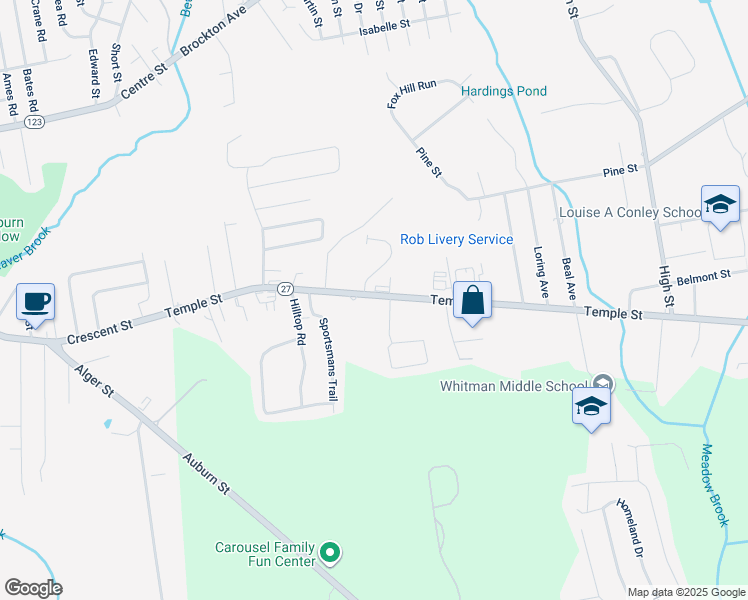 map of restaurants, bars, coffee shops, grocery stores, and more near 855 Temple Street in Whitman