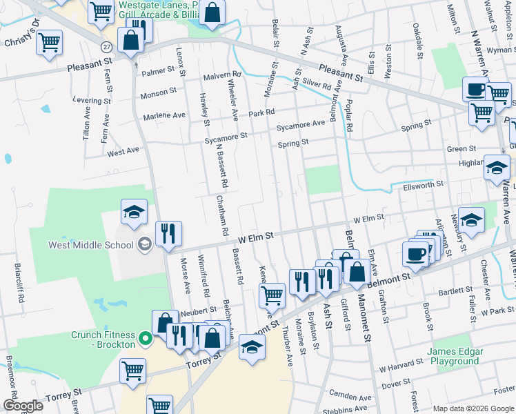 map of restaurants, bars, coffee shops, grocery stores, and more near 57 Maxim Street in Brockton