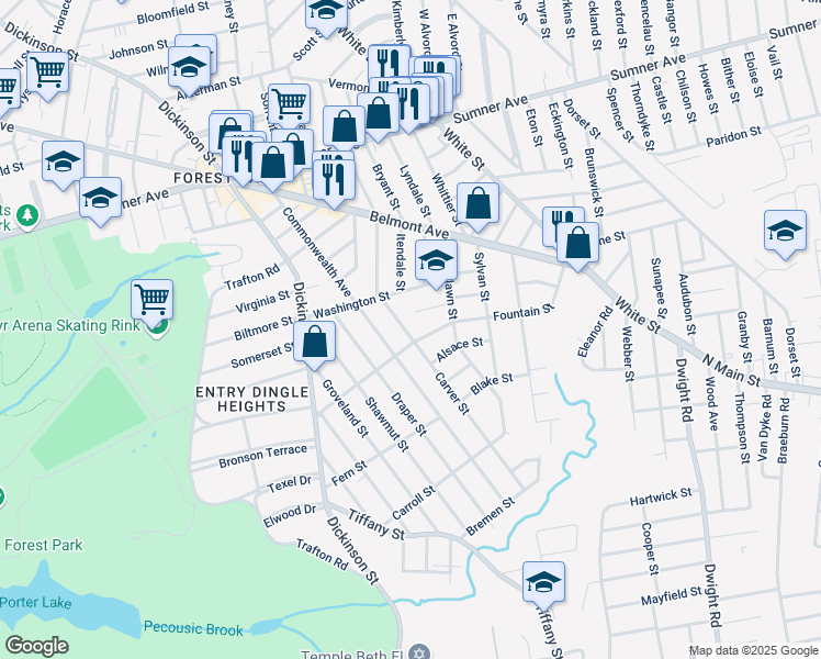 map of restaurants, bars, coffee shops, grocery stores, and more near 2 Carlton Street in Springfield