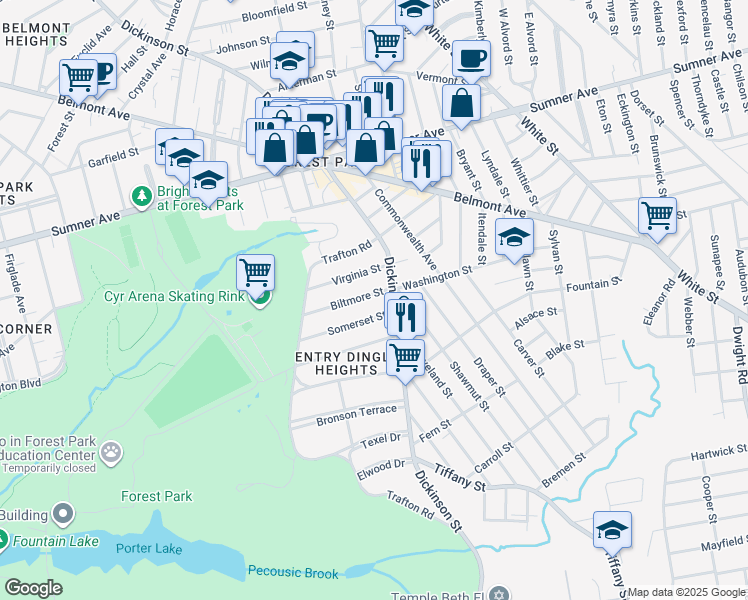 map of restaurants, bars, coffee shops, grocery stores, and more near 580 Dickinson Street in Springfield