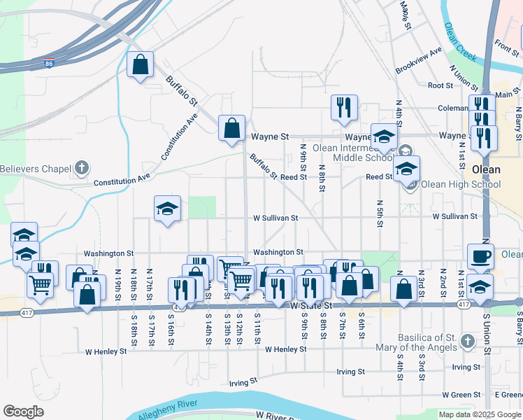 map of restaurants, bars, coffee shops, grocery stores, and more near 321 North 11th Street in Olean