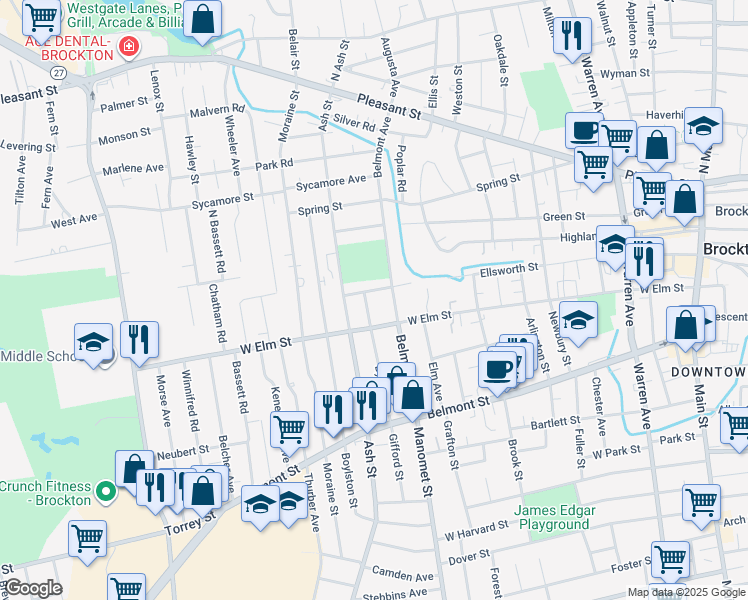 map of restaurants, bars, coffee shops, grocery stores, and more near 25 Byron Avenue in Brockton
