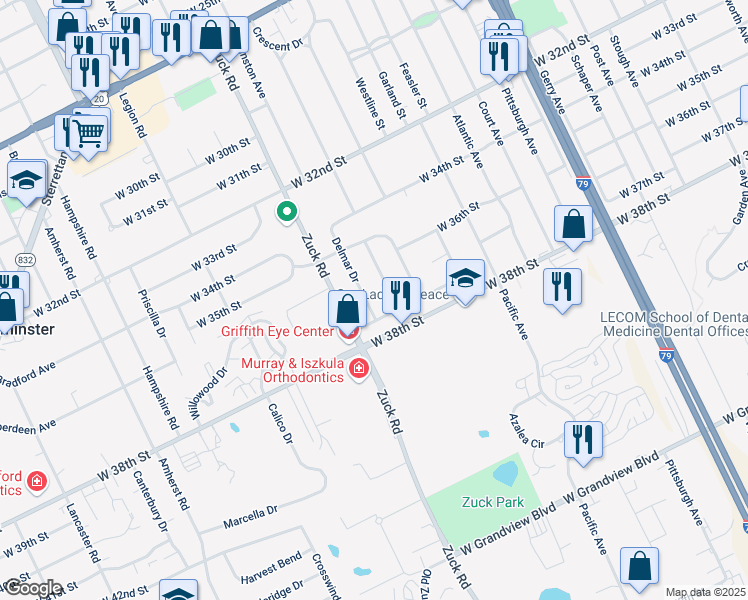 map of restaurants, bars, coffee shops, grocery stores, and more near 3635 Delmar Drive in Erie
