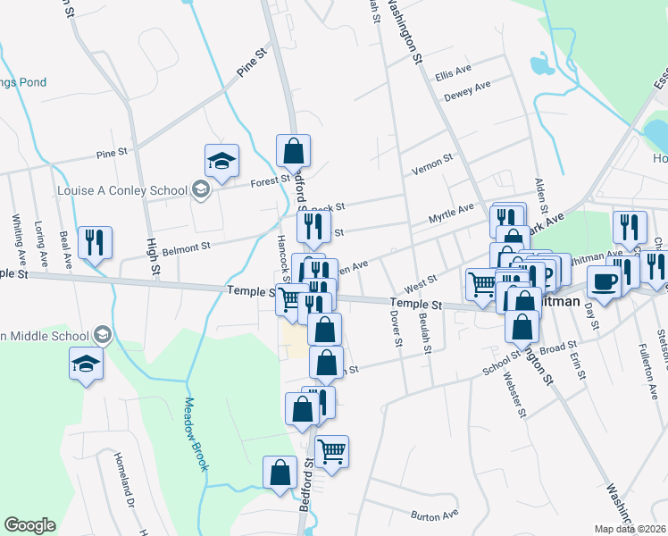 map of restaurants, bars, coffee shops, grocery stores, and more near 84 Star Street in Whitman