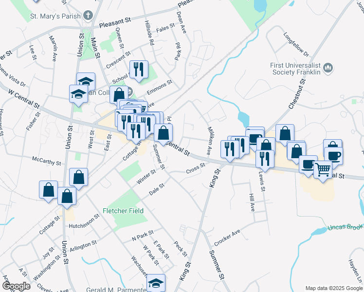 map of restaurants, bars, coffee shops, grocery stores, and more near 8 Corbin Street in Franklin