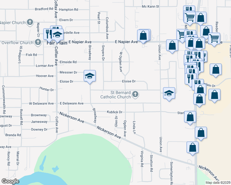 map of restaurants, bars, coffee shops, grocery stores, and more near 427 Waverly Drive in Benton Harbor