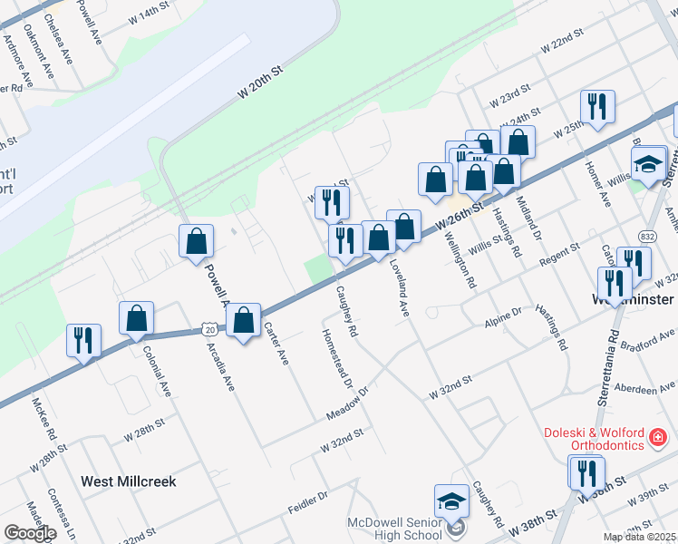 map of restaurants, bars, coffee shops, grocery stores, and more near 2464 Caughey Road in Erie