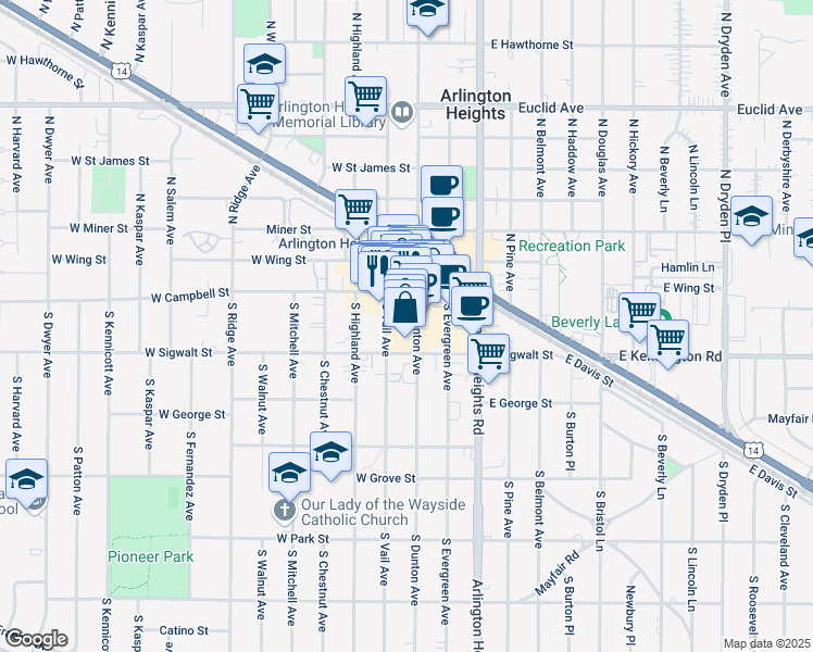 map of restaurants, bars, coffee shops, grocery stores, and more near 20 South Dunton Avenue in Arlington Heights
