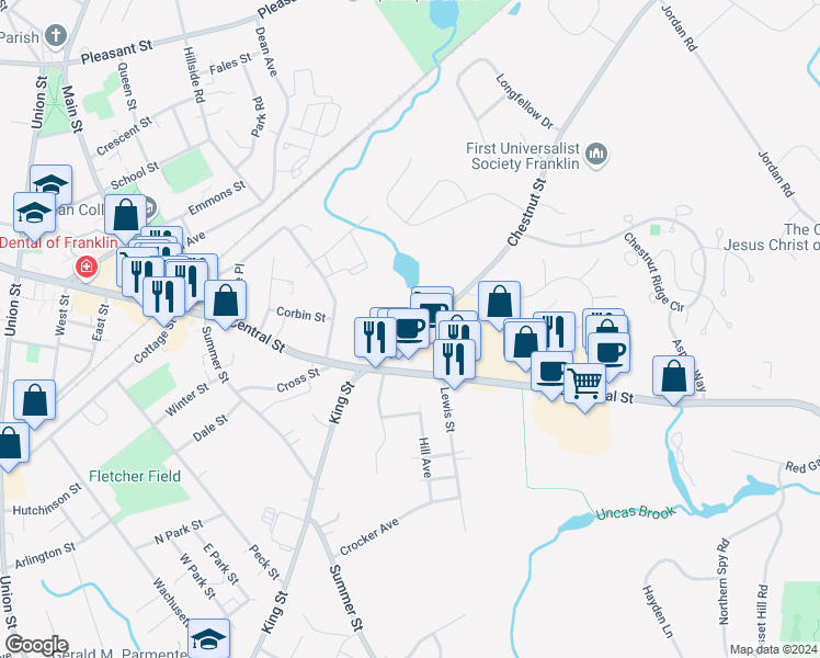 map of restaurants, bars, coffee shops, grocery stores, and more near 51 Chestnut Street in Franklin