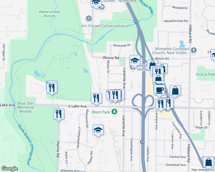 map of restaurants, bars, coffee shops, grocery stores, and more near 1030 Manor Drive in Wilmette