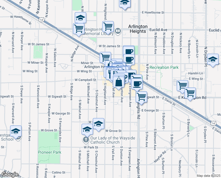 map of restaurants, bars, coffee shops, grocery stores, and more near 55 South Vail Avenue in Arlington Heights
