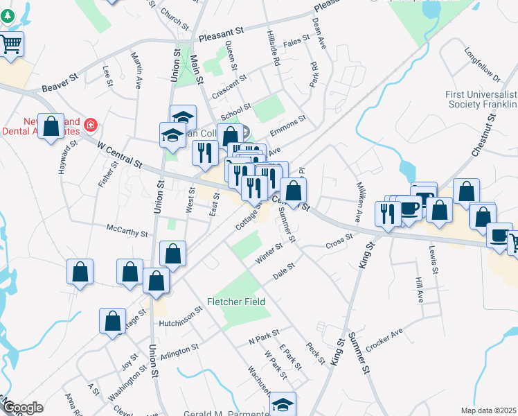 map of restaurants, bars, coffee shops, grocery stores, and more near 4 East Central Street in Franklin