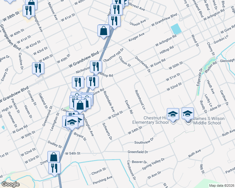 map of restaurants, bars, coffee shops, grocery stores, and more near 5025 Exeter Road in Erie