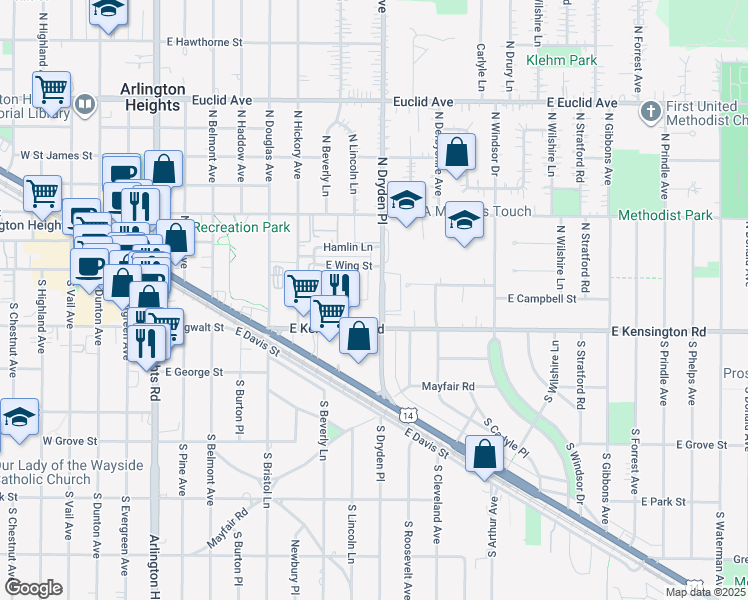 map of restaurants, bars, coffee shops, grocery stores, and more near 29 North Dryden Place in Arlington Heights