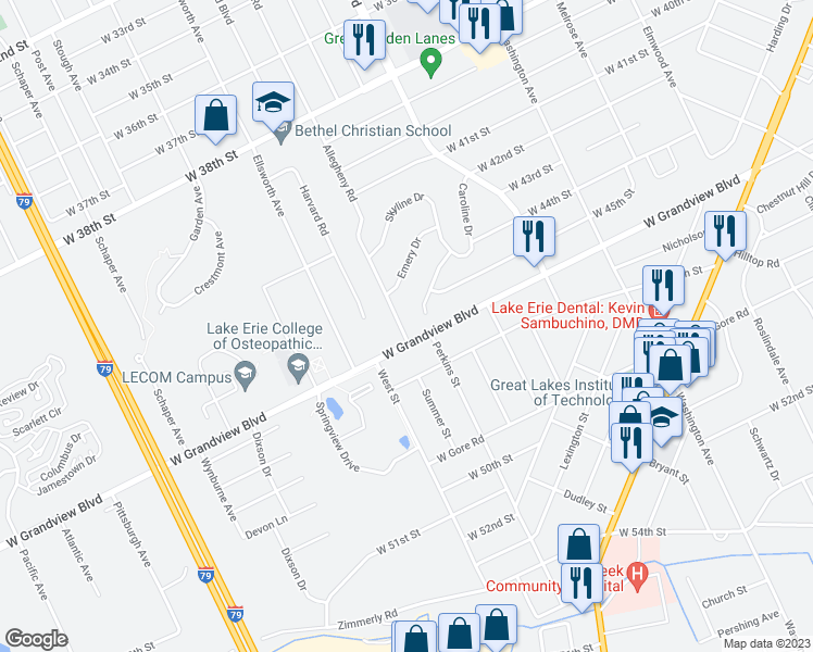 map of restaurants, bars, coffee shops, grocery stores, and more near 4515 Allegheny Road in Erie