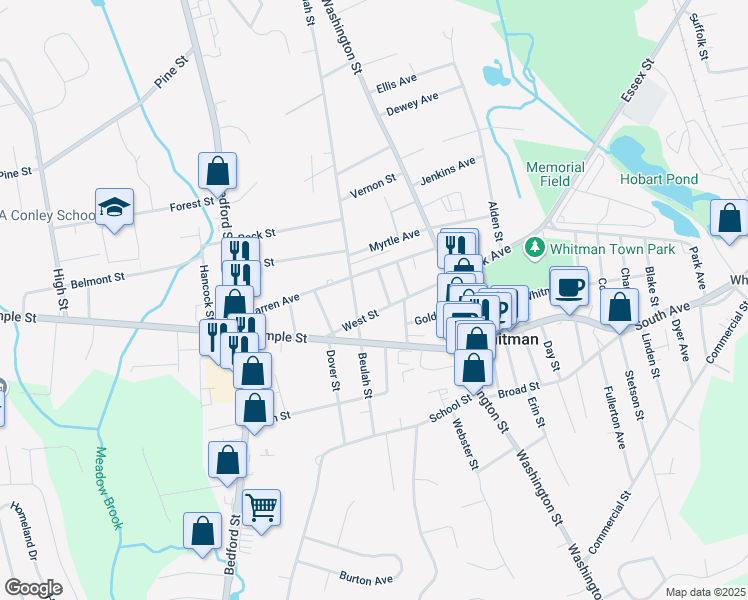 map of restaurants, bars, coffee shops, grocery stores, and more near 29 Cottage Street in Whitman