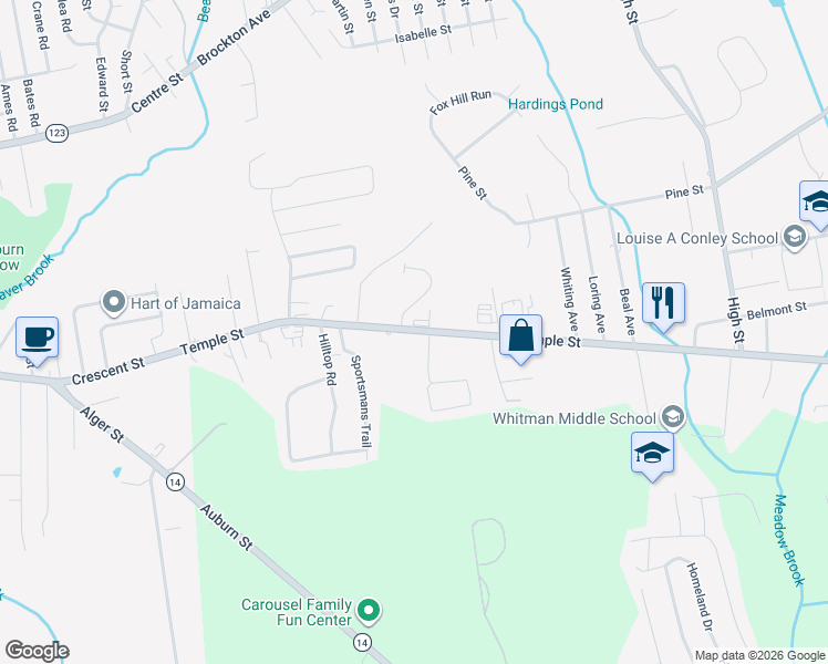 map of restaurants, bars, coffee shops, grocery stores, and more near 845 Temple Street in Whitman