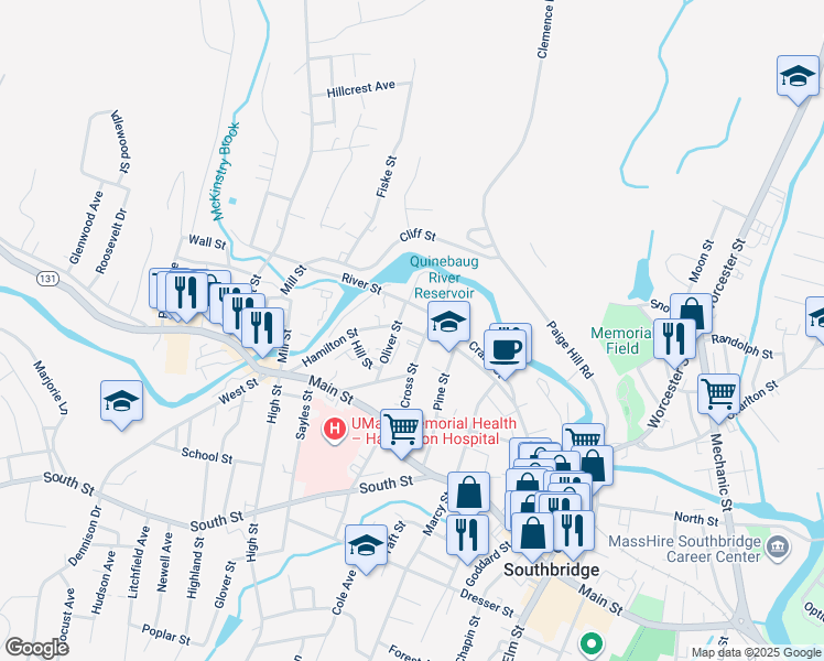 map of restaurants, bars, coffee shops, grocery stores, and more near 37 River Street in Southbridge