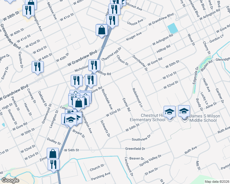 map of restaurants, bars, coffee shops, grocery stores, and more near 5025 Exeter Road in Erie