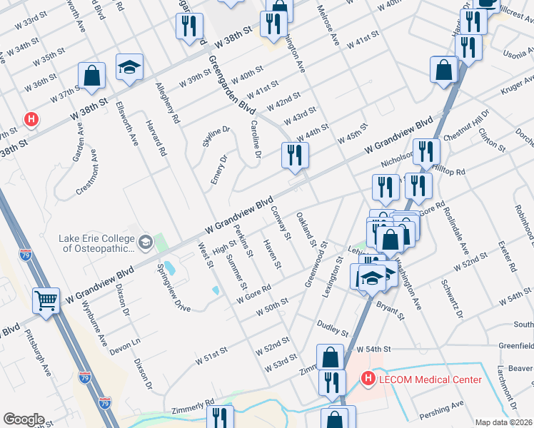 map of restaurants, bars, coffee shops, grocery stores, and more near 1658 West Grandview Boulevard in Erie
