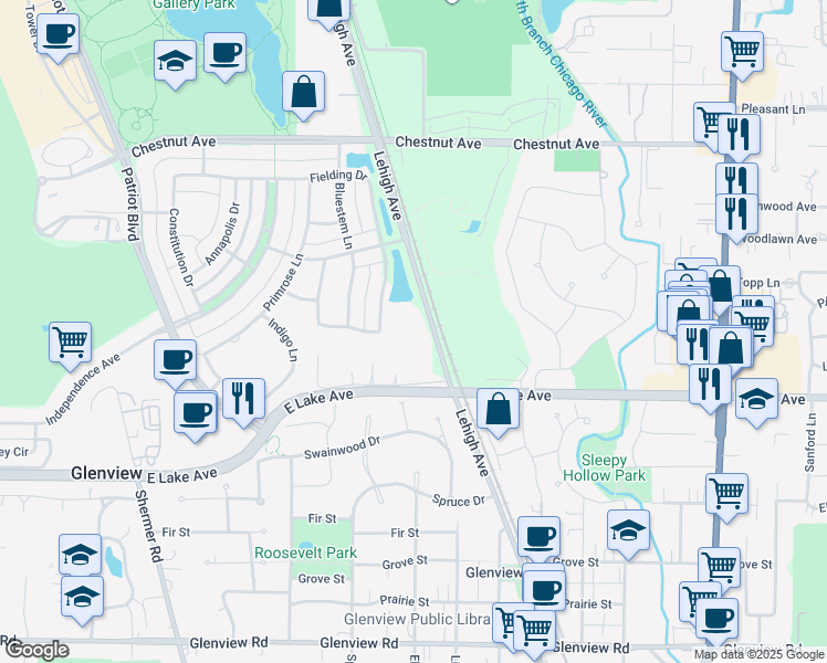 map of restaurants, bars, coffee shops, grocery stores, and more near 1502 Lehigh Avenue in Glenview