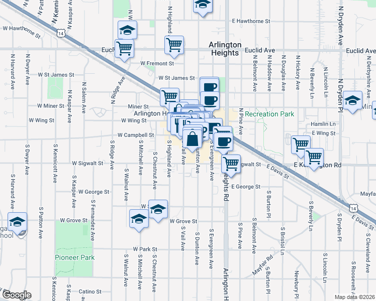 map of restaurants, bars, coffee shops, grocery stores, and more near 20 South Dunton Avenue in Arlington Heights