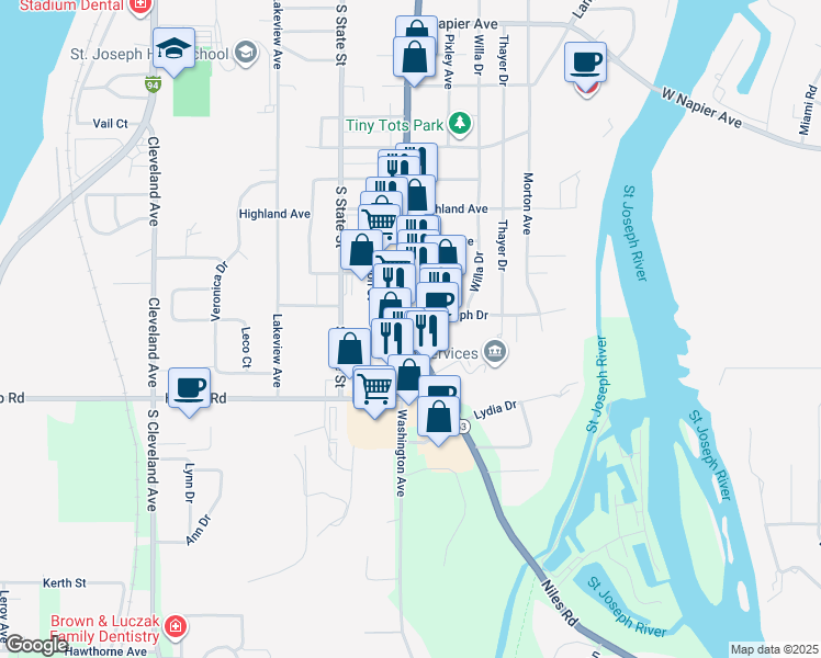 map of restaurants, bars, coffee shops, grocery stores, and more near in Berrien County