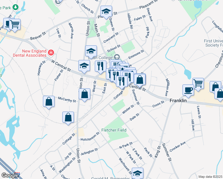 map of restaurants, bars, coffee shops, grocery stores, and more near 28 West Central Street in Franklin