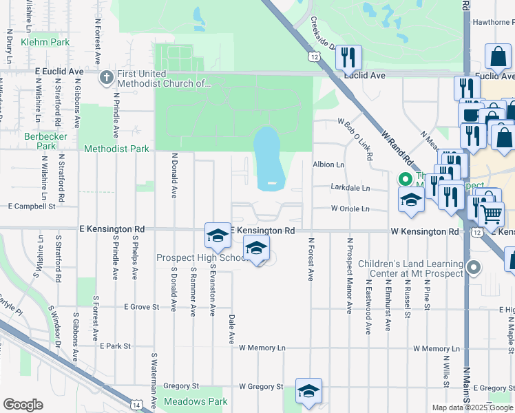 map of restaurants, bars, coffee shops, grocery stores, and more near 2630 Bel Aire Drive in Arlington Heights